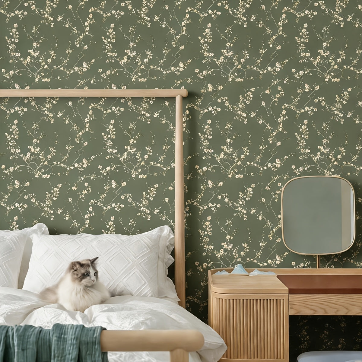 White Flowers Birds Wallpaper, Plum Blossom And Branches Contact Paper, Green Vintage Floral Peel And Stick Wall Decor, Self Adhesive Stickers, Removable Decal, Trimmable And Easy to Apply, Suitable for Home Decor & Room Backgrounds, 17.7X118 Inches