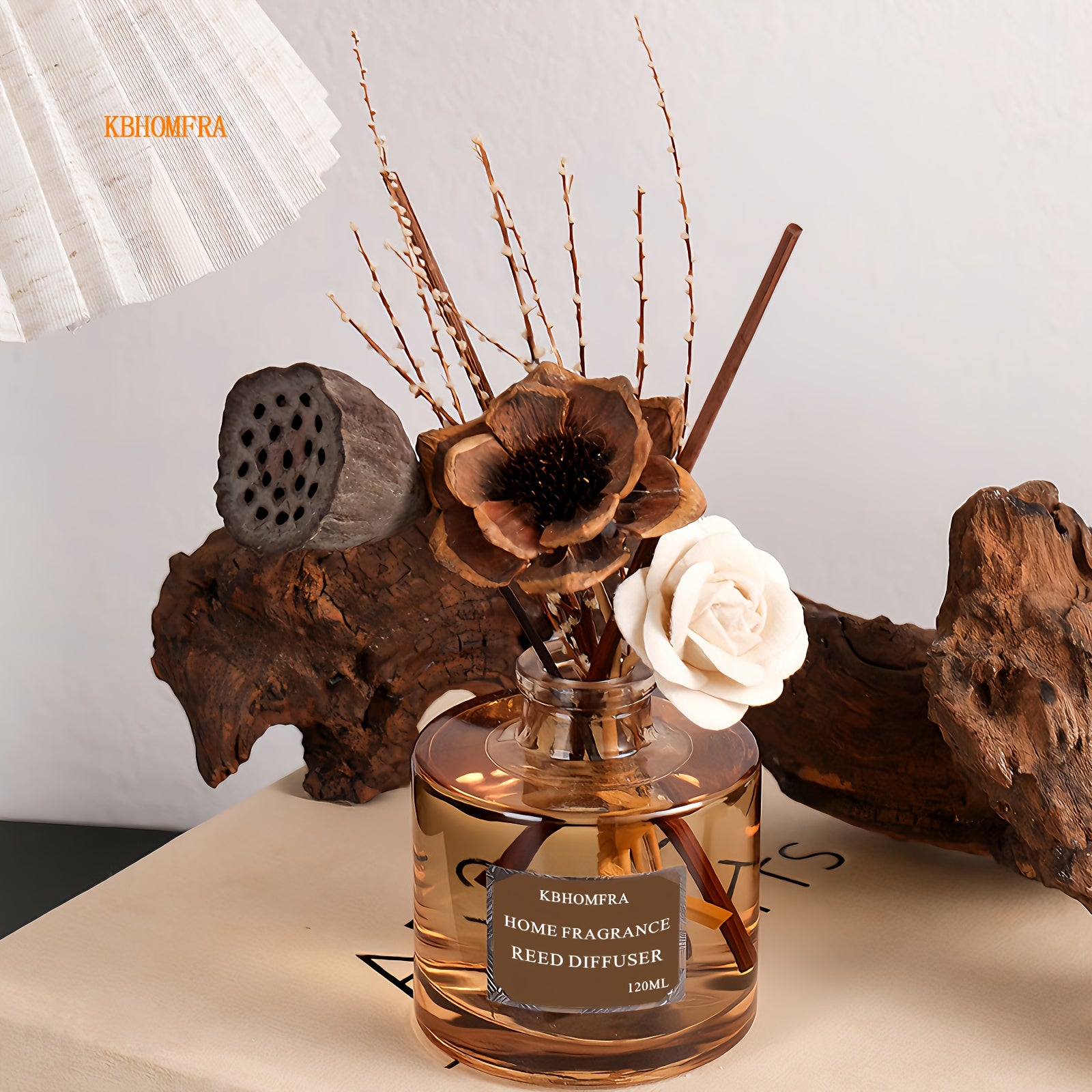 KBHOMFRA Reed Diffuser with 120ml Essential Oil & Dried Flower Sticks - Long-Lasting 90-Day Continuous Fragrance Suitable for, Suitable for, Bedroom, Bathroom, Reed Diffuser Sticks for Jasmine Cedar Sandalwood Scent