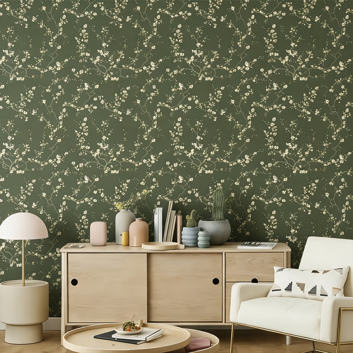 White Flowers Birds Wallpaper, Plum Blossom And Branches Contact Paper, Green Vintage Floral Peel And Stick Wall Decor, Self Adhesive Stickers, Removable Decal, Trimmable And Easy to Apply, Suitable for Home Decor & Room Backgrounds, 17.7X118 Inches