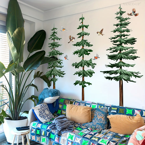 A Collection of Four Hand-Crafted Wall Decals Showcasing Pine Trees And Birds (Each Sized 11.81 X 35.43 Inches) Designed for Embellishing Living Spaces And Bedrooms, Model BM6135-ZY