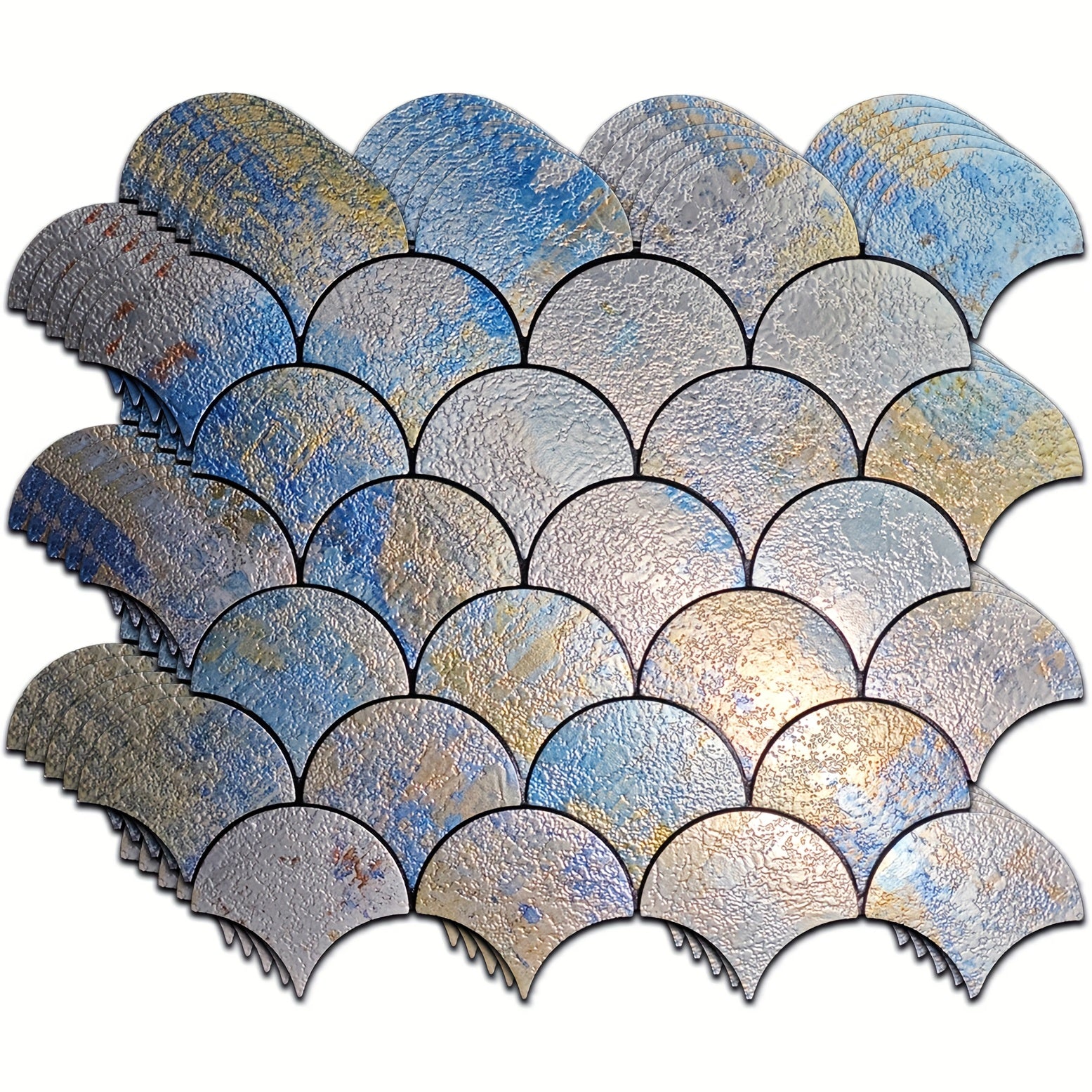 Mosaic Wall Stickers Designed Like Fish Scales, Resistant to Fire And High Temperatures, Suitable for Various Settings Including Bedrooms, Kitchens, And Bathrooms. They Come with a Adhesive Backing That Allows for Easy Cutting