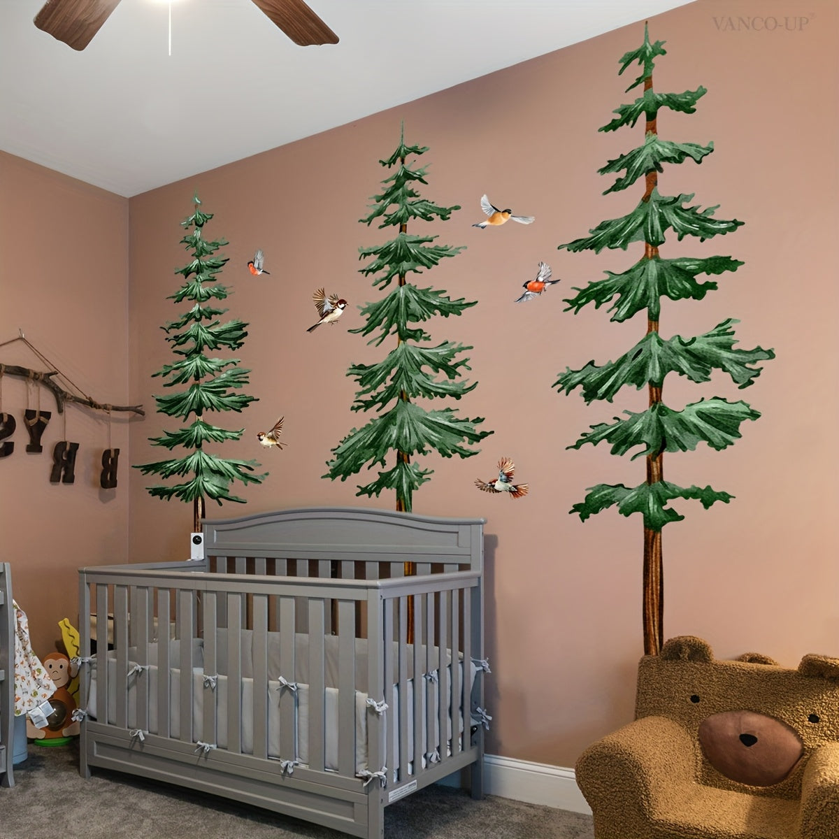 A Collection of Four Hand-Crafted Wall Decals Showcasing Pine Trees And Birds (Each Sized 11.81 X 35.43 Inches) Designed for Embellishing Living Spaces And Bedrooms, Model BM6135-ZY