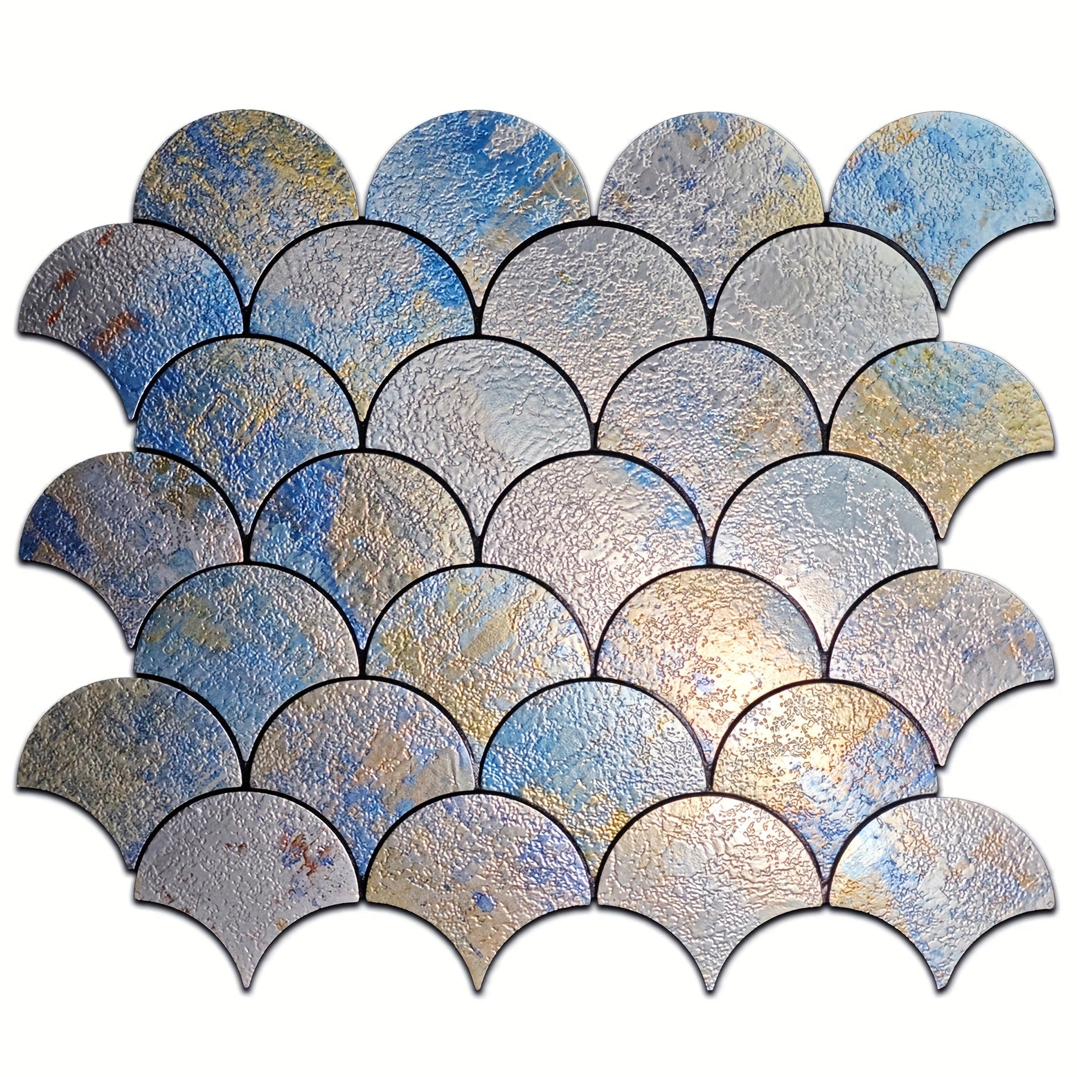 Mosaic Wall Stickers Designed Like Fish Scales, Resistant to Fire And High Temperatures, Suitable for Various Settings Including Bedrooms, Kitchens, And Bathrooms. They Come with a Adhesive Backing That Allows for Easy Cutting