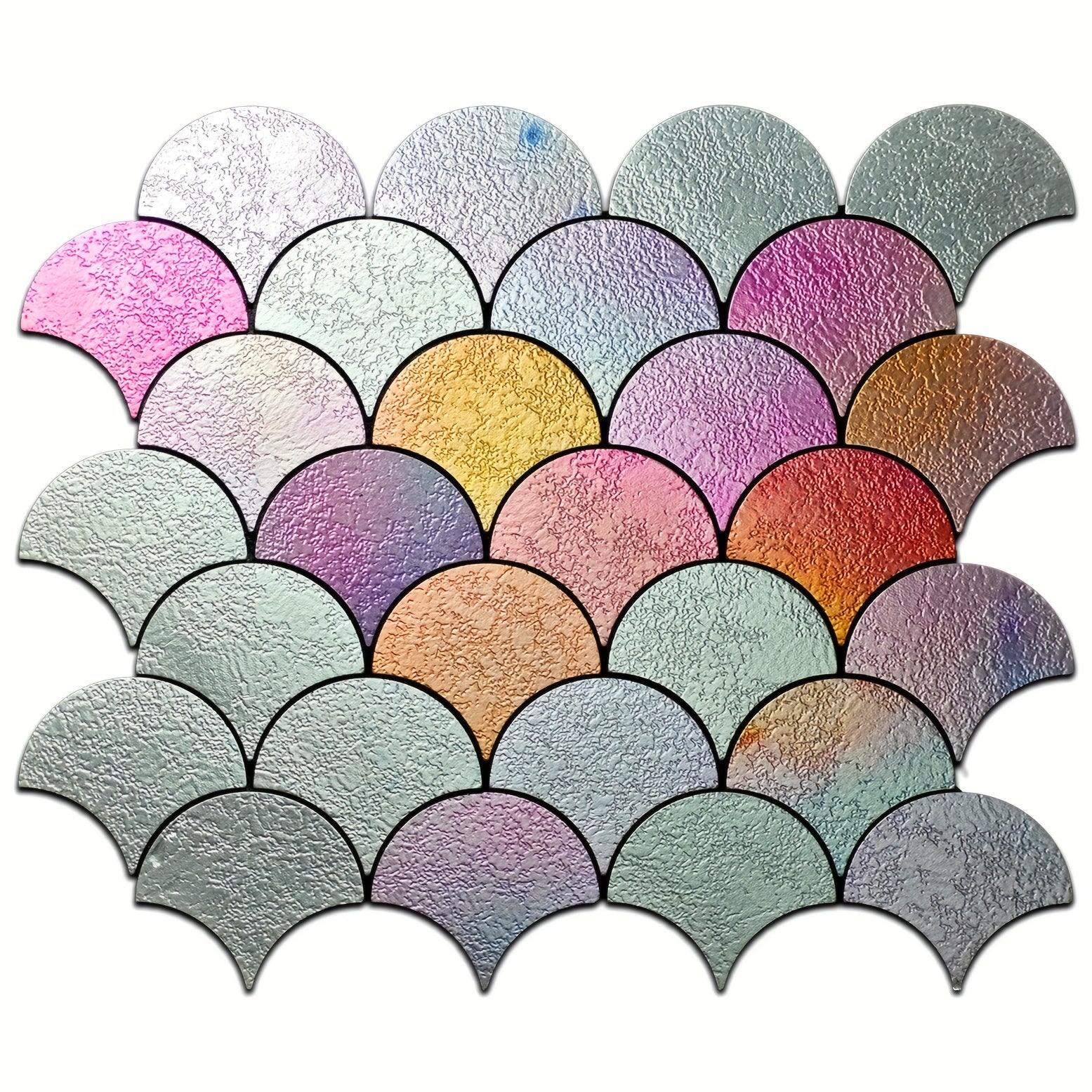 Mosaic Wall Stickers Designed Like Fish Scales, Resistant to Fire And High Temperatures, Suitable for Various Settings Including Bedrooms, Kitchens, And Bathrooms. They Come with a Adhesive Backing That Allows for Easy Cutting