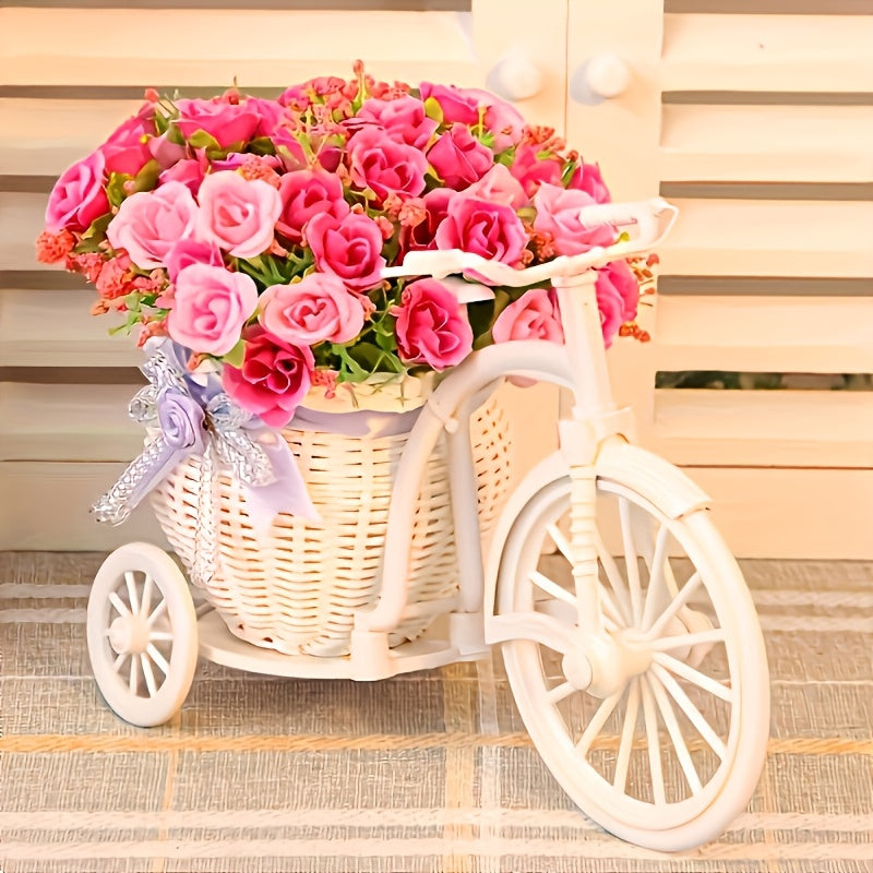 1 Elegant White Bicycle Shaped Flower Pot, Woven Basket Pink Ribbon Green Plant Decoration, Modern Plastic Durable Design, Living Room Desktop Ins Style Ornament, Home Art, Home Decoration, Indoor Plant Flower Pot, Gardening Gift,home Decor