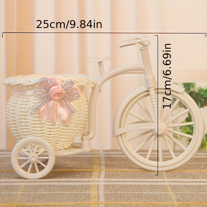 1 Elegant White Bicycle Shaped Flower Pot, Woven Basket Pink Ribbon Green Plant Decoration, Modern Plastic Durable Design, Living Room Desktop Ins Style Ornament, Home Art, Home Decoration, Indoor Plant Flower Pot, Gardening Gift,home Decor