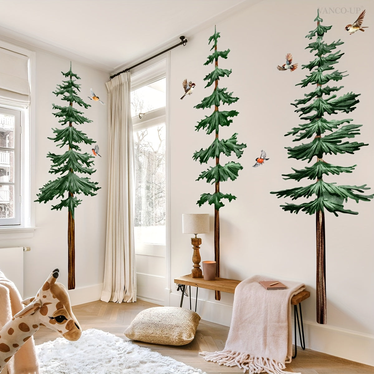 A Collection of Four Hand-Crafted Wall Decals Showcasing Pine Trees And Birds (Each Sized 11.81 X 35.43 Inches) Designed for Embellishing Living Spaces And Bedrooms, Model BM6135-ZY