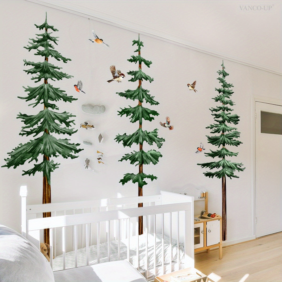 A Collection of Four Hand-Crafted Wall Decals Showcasing Pine Trees And Birds (Each Sized 11.81 X 35.43 Inches) Designed for Embellishing Living Spaces And Bedrooms, Model BM6135-ZY