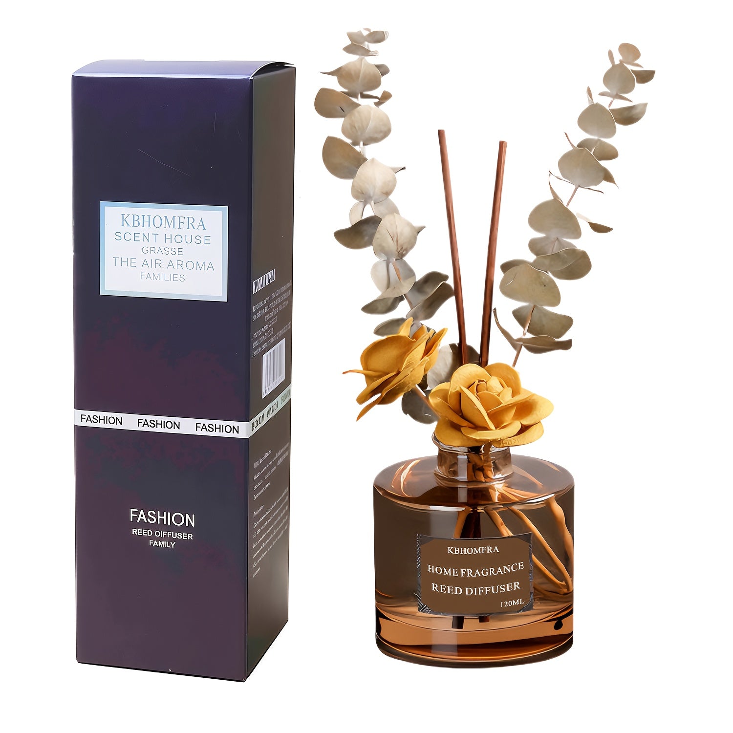 KBHOMFRA Reed Diffuser with 120ml Essential Oil & Dried Flower Sticks - Long-Lasting 90-Day Continuous Fragrance Suitable for, Suitable for, Bedroom, Bathroom, Reed Diffuser Sticks for Jasmine Cedar Sandalwood Scent