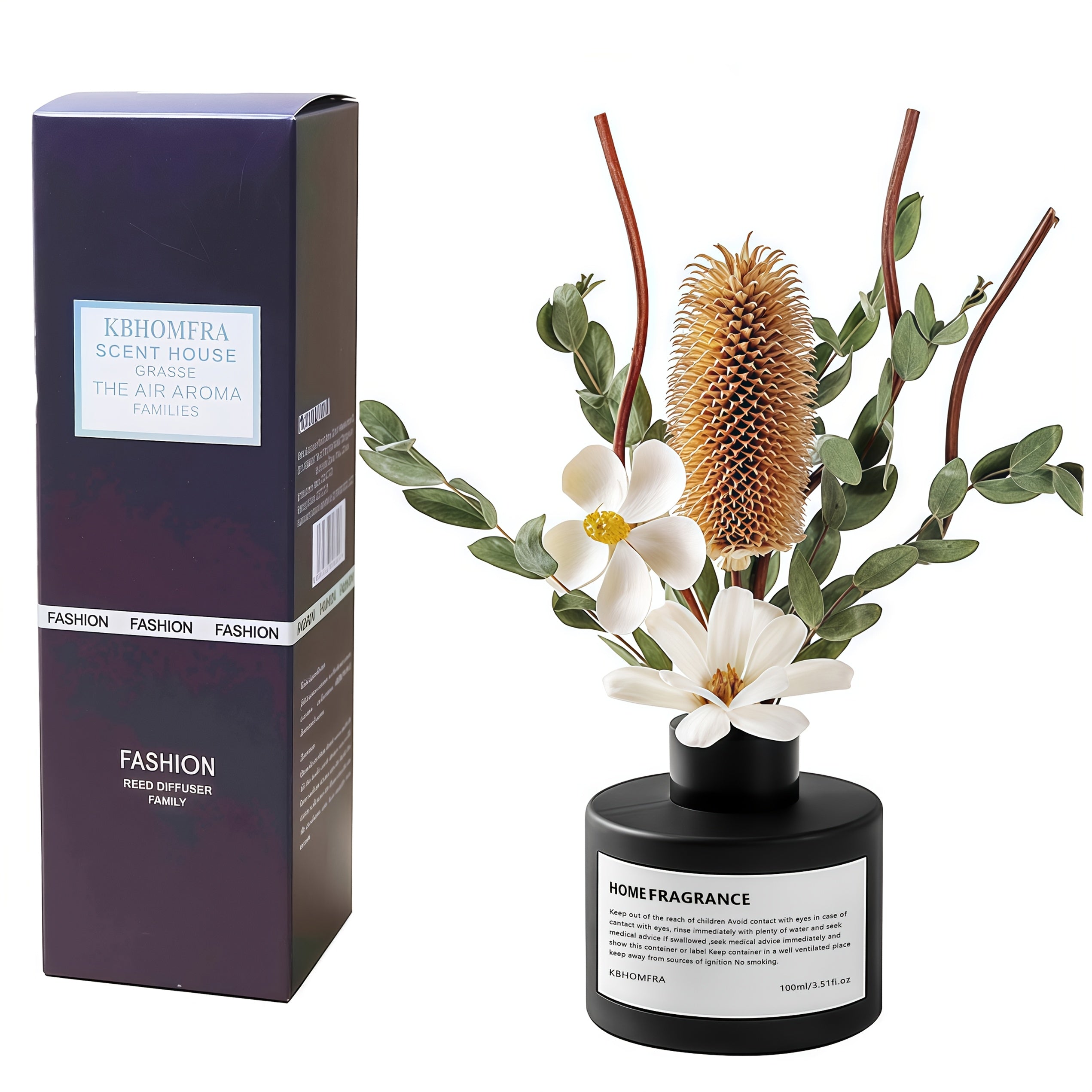 KBHOMFRA Reed Diffuser with 120ml Essential Oil & Dried Flower Sticks - Long-Lasting 90-Day Continuous Fragrance Suitable for, Suitable for, Bedroom, Bathroom, Reed Diffuser Sticks for Jasmine Cedar Sandalwood Scent