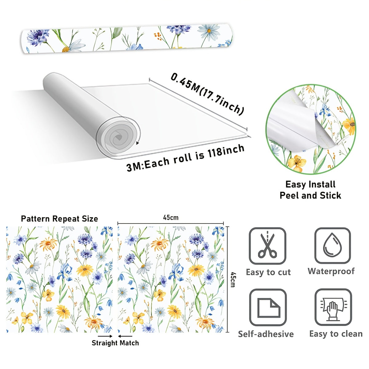 Various Flowers Wallpaper, Blue Cornflower Daisy Contact Paper, Colorful Botanical Floral Peel And Stick Wall Decor, Self Adhesive Stickers, Removable Decal, Trimmable And Easy to Apply, Suitable for Home Decor And Room Backgrounds, 17.7x118 Inches