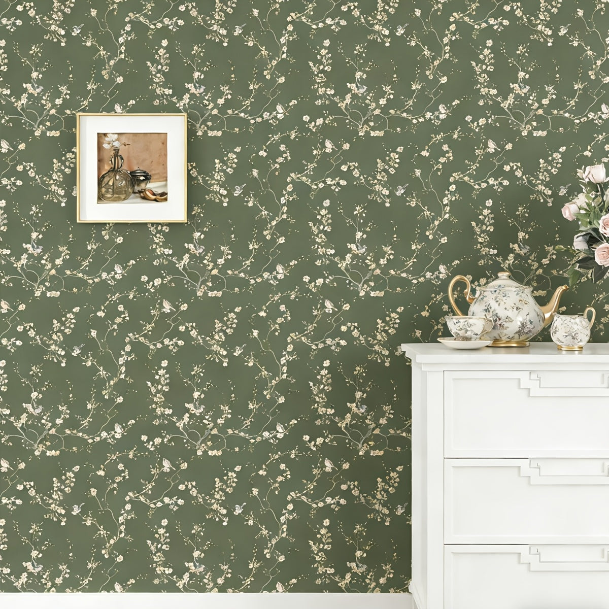 White Flowers Birds Wallpaper, Plum Blossom And Branches Contact Paper, Green Vintage Floral Peel And Stick Wall Decor, Self Adhesive Stickers, Removable Decal, Trimmable And Easy to Apply, Suitable for Home Decor & Room Backgrounds, 17.7X118 Inches