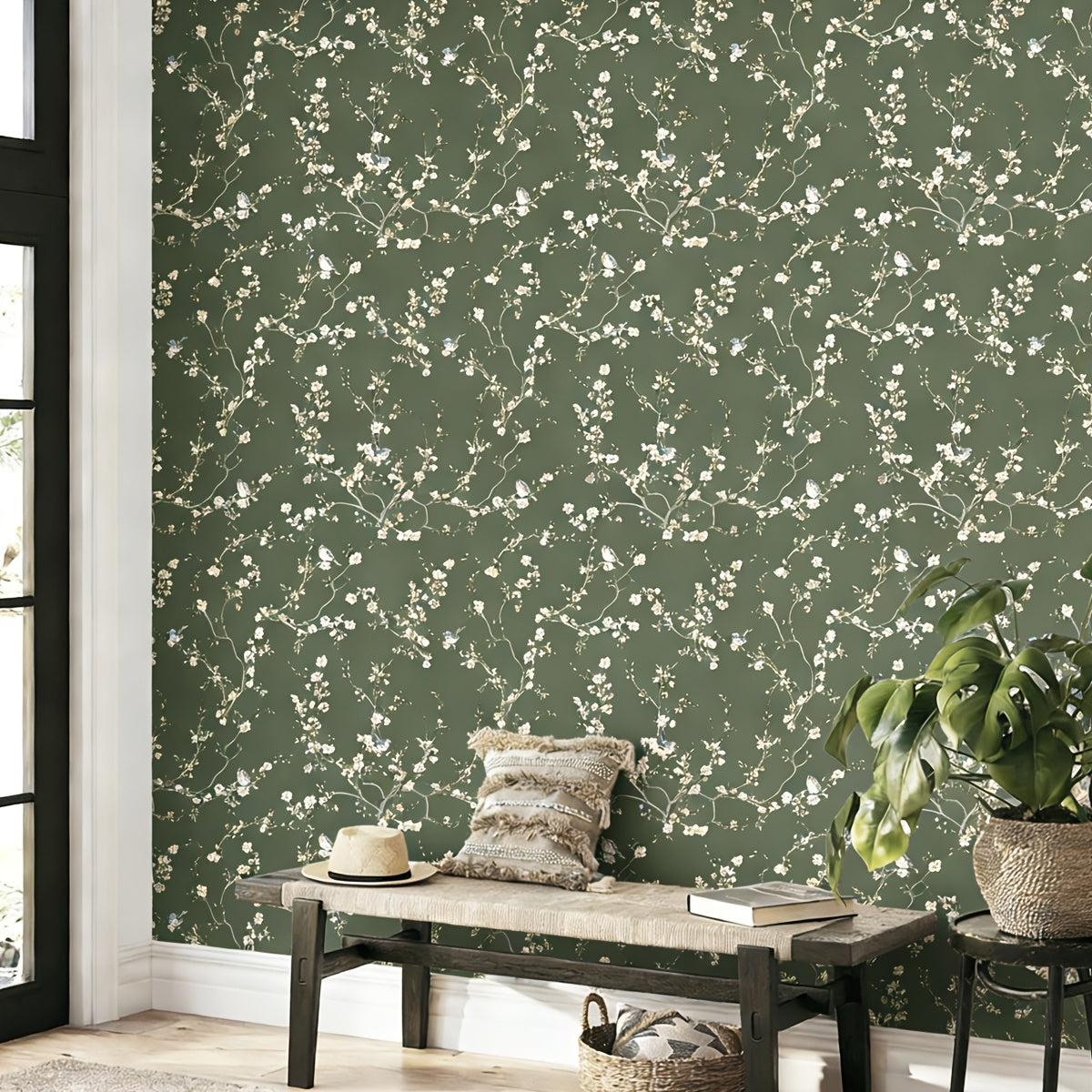White Flowers Birds Wallpaper, Plum Blossom And Branches Contact Paper, Green Vintage Floral Peel And Stick Wall Decor, Self Adhesive Stickers, Removable Decal, Trimmable And Easy to Apply, Suitable for Home Decor & Room Backgrounds, 17.7X118 Inches