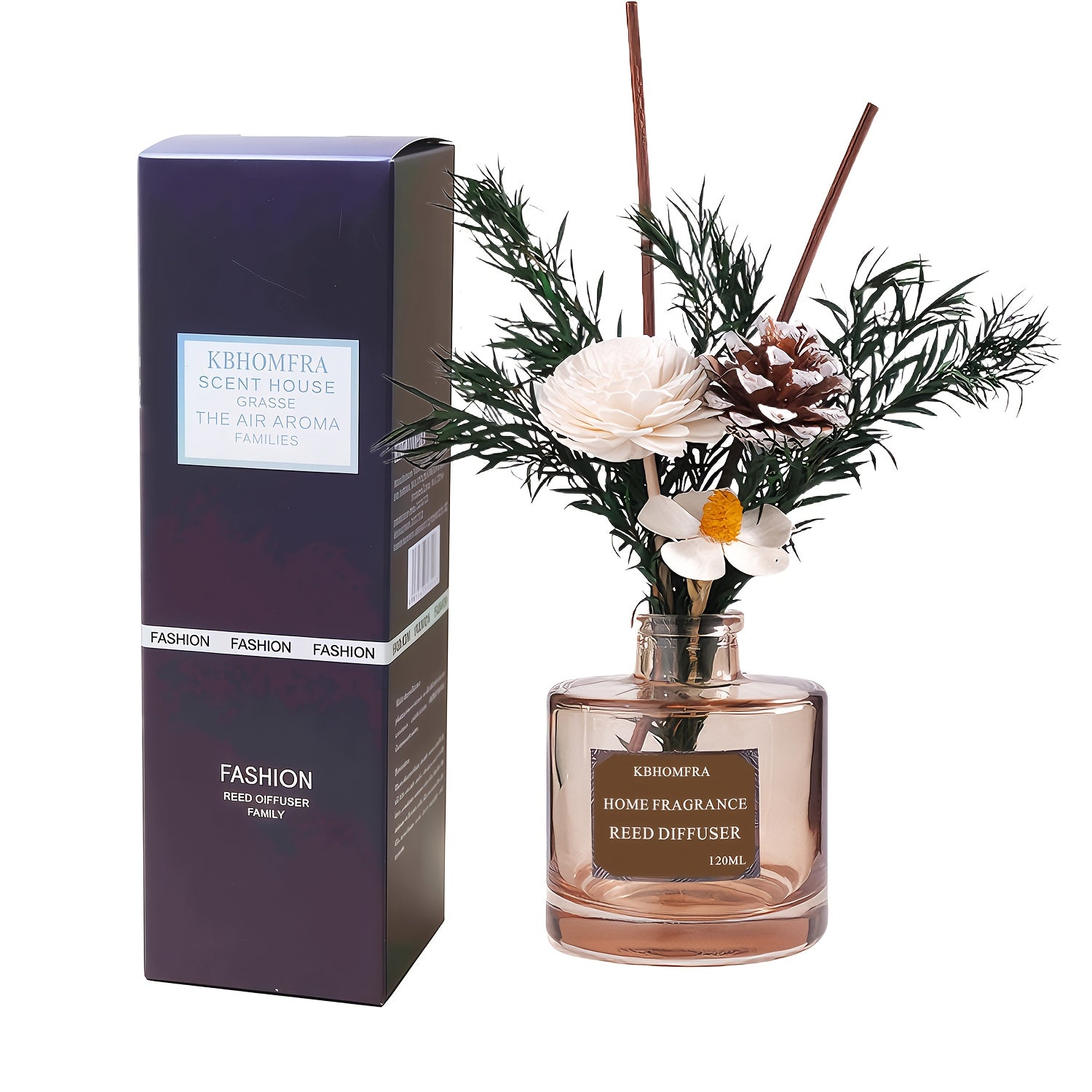 KBHOMFRA Reed Diffuser with 120ml Essential Oil & Dried Flower Sticks - Long-Lasting 90-Day Continuous Fragrance Suitable for, Suitable for, Bedroom, Bathroom, Reed Diffuser Sticks for Jasmine Cedar Sandalwood Scent