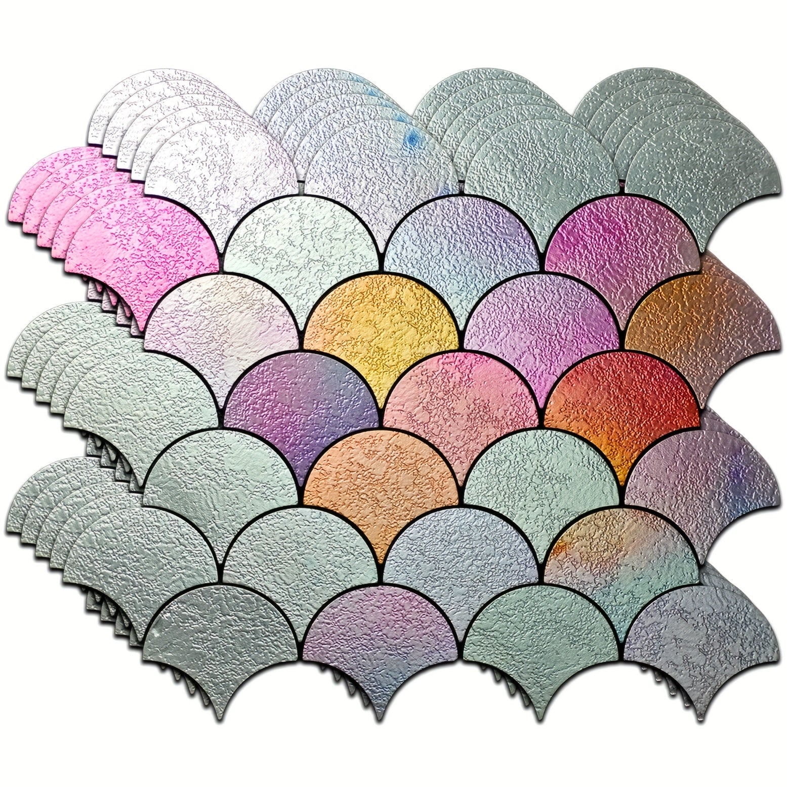 Mosaic Wall Stickers Designed Like Fish Scales, Resistant to Fire And High Temperatures, Suitable for Various Settings Including Bedrooms, Kitchens, And Bathrooms. They Come with a Adhesive Backing That Allows for Easy Cutting