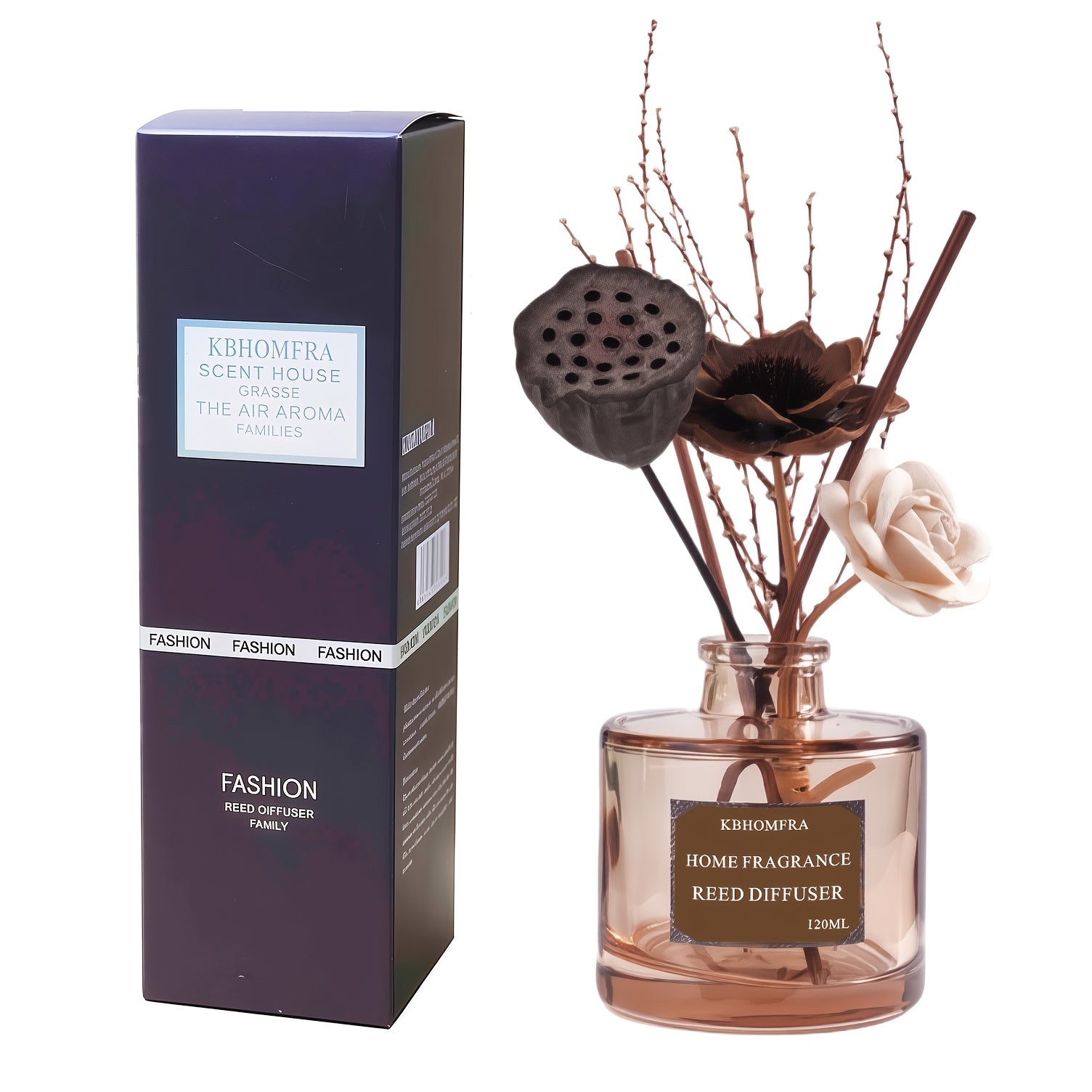 KBHOMFRA Reed Diffuser with 120ml Essential Oil & Dried Flower Sticks - Long-Lasting 90-Day Continuous Fragrance Suitable for, Suitable for, Bedroom, Bathroom, Reed Diffuser Sticks for Jasmine Cedar Sandalwood Scent