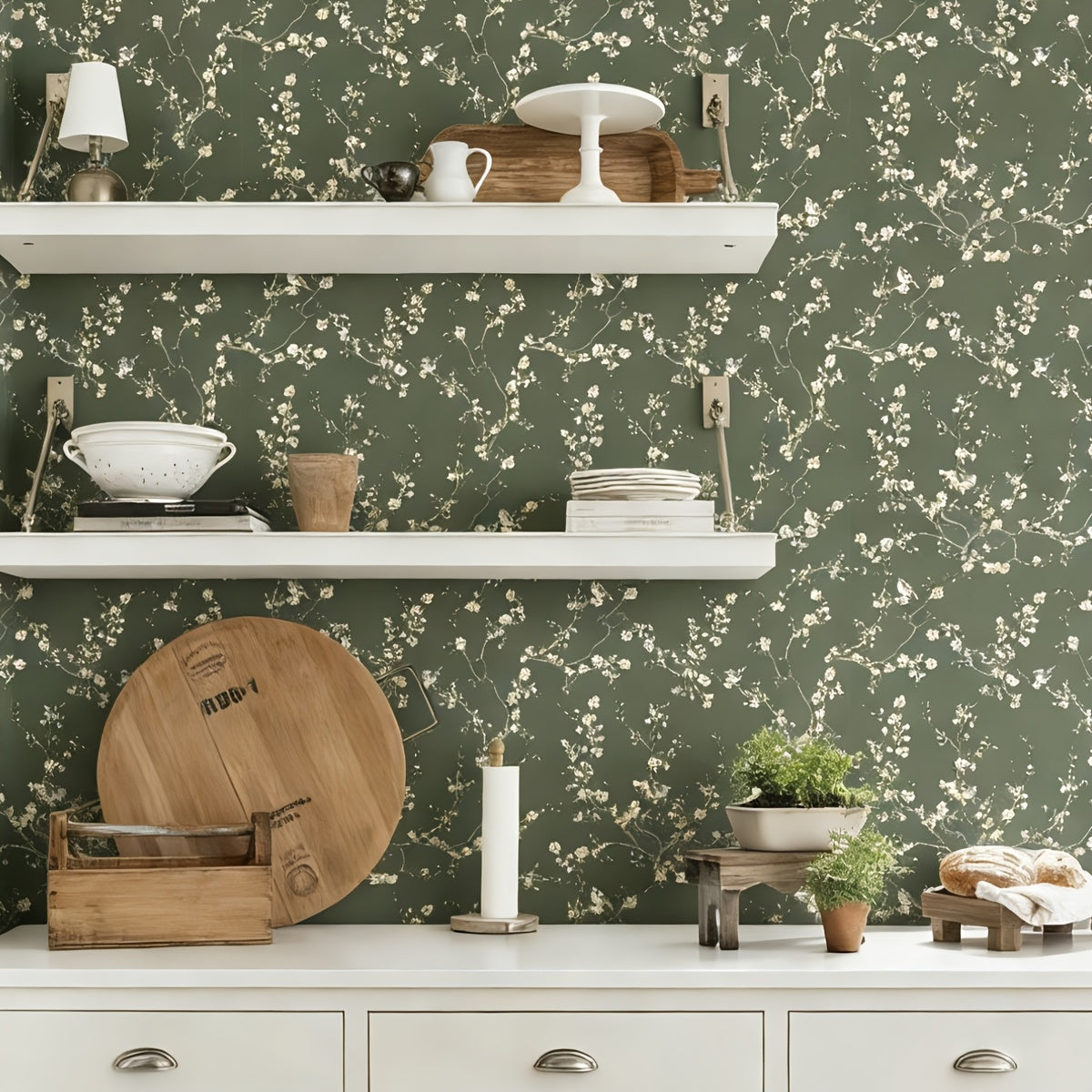 White Flowers Birds Wallpaper, Plum Blossom And Branches Contact Paper, Green Vintage Floral Peel And Stick Wall Decor, Self Adhesive Stickers, Removable Decal, Trimmable And Easy to Apply, Suitable for Home Decor & Room Backgrounds, 17.7X118 Inches