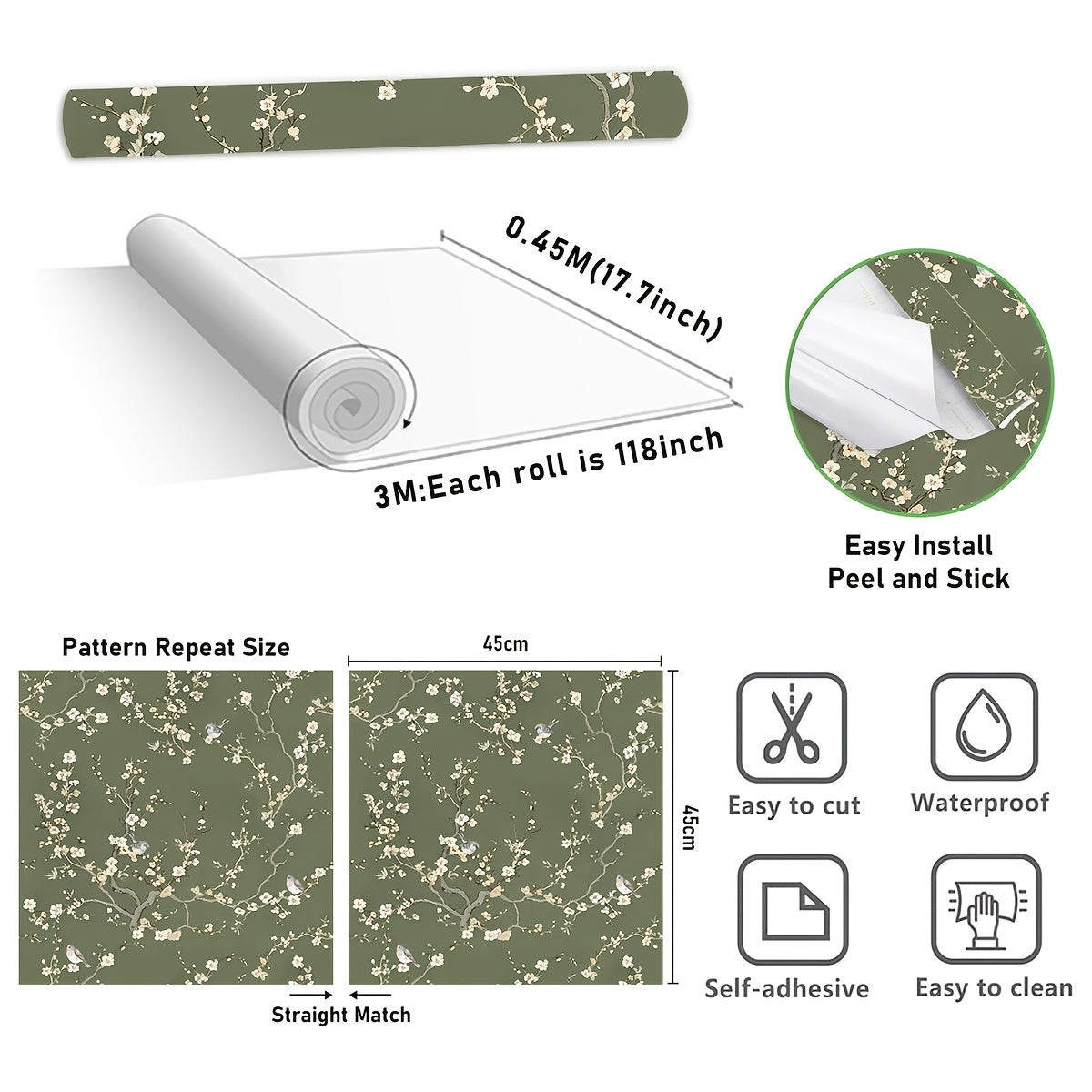 White Flowers Birds Wallpaper, Plum Blossom And Branches Contact Paper, Green Vintage Floral Peel And Stick Wall Decor, Self Adhesive Stickers, Removable Decal, Trimmable And Easy to Apply, Suitable for Home Decor & Room Backgrounds, 17.7X118 Inches