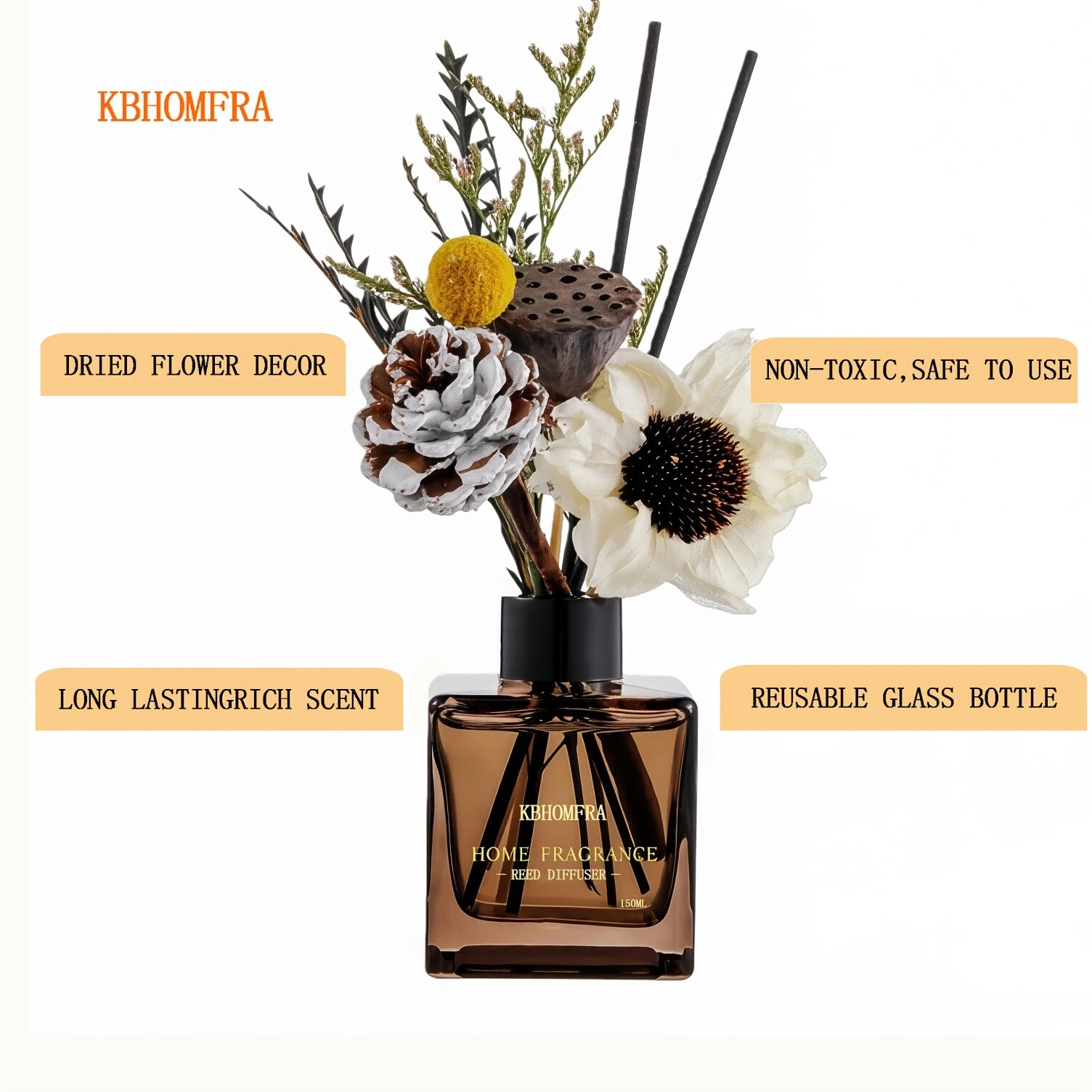 KBHOMFRA Jasmine Orange Reed Diffuser with Dried Flowers Diffuser Sticks 5.07fl.oz Essential Oil 90 Days Long-Lasting Scent for Home Livingroom Bedroom And Bathroom