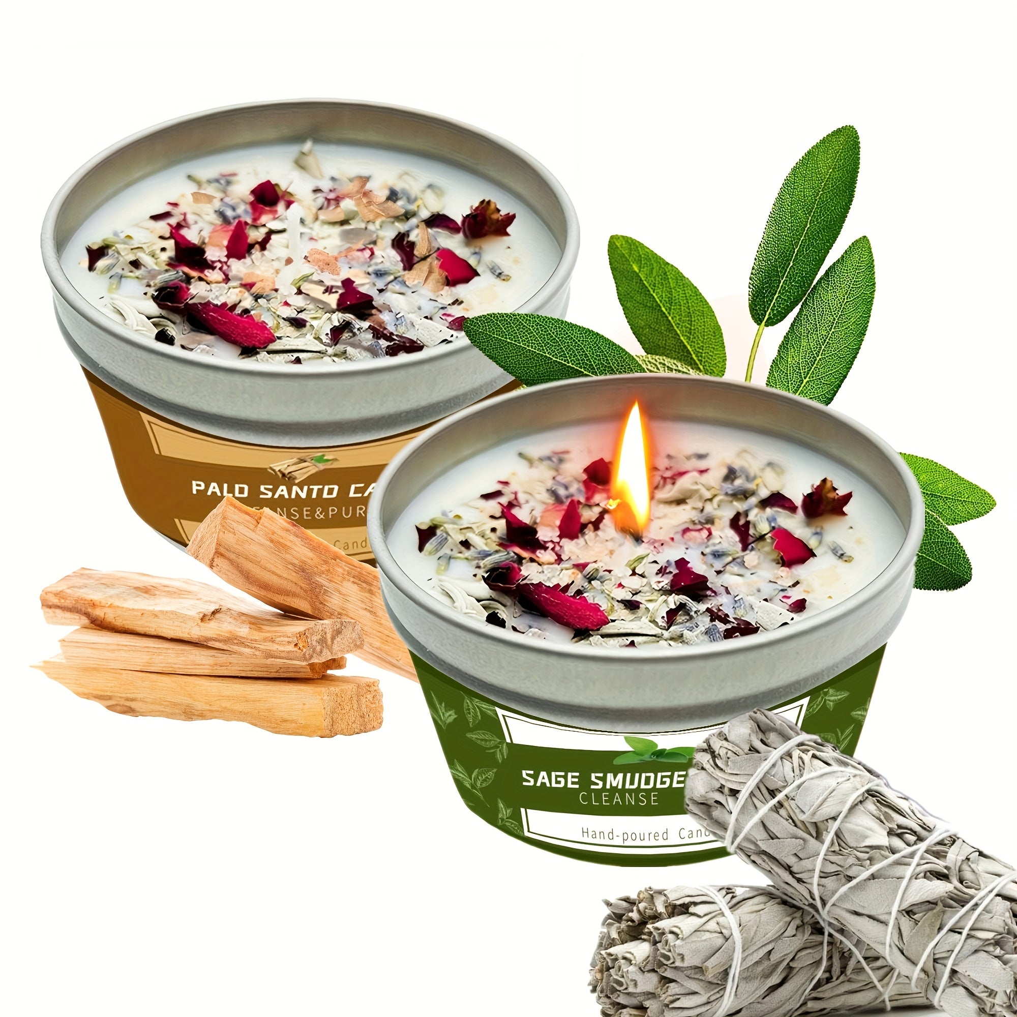 Long-Lasting Sage And Lavender Smudge Candle Set (2pcs) | 80G - 30 Hours Burn Time | Made of Soy Wax, Sage And Lavender | House Cleansing