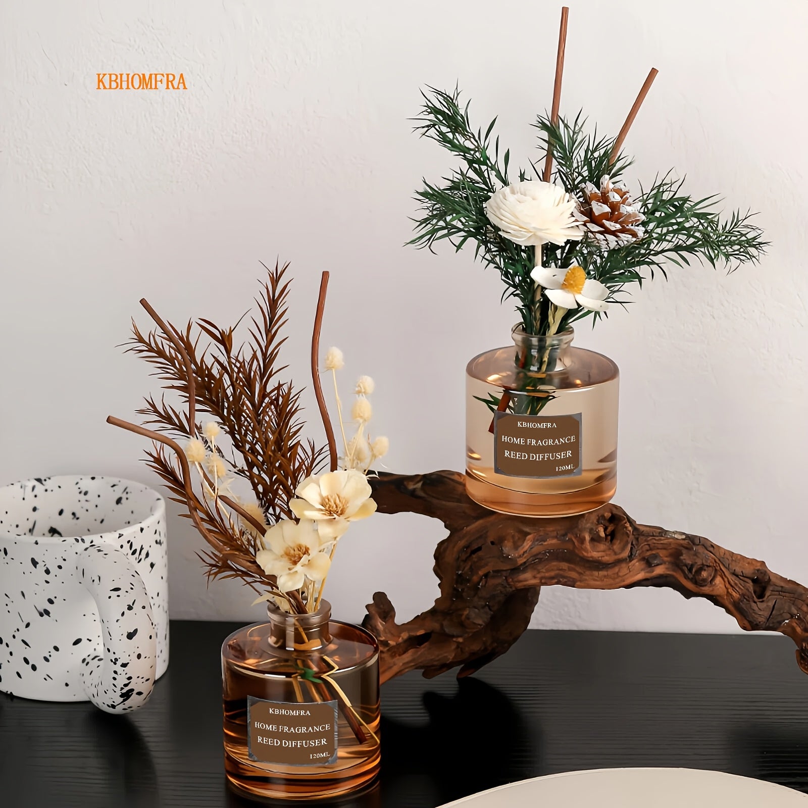 KBHOMFRA Reed Diffuser with 120ml Essential Oil & Dried Flower Sticks - Long-Lasting 90-Day Continuous Fragrance Suitable for, Suitable for, Bedroom, Bathroom, Reed Diffuser Sticks for Jasmine Cedar Sandalwood Scent