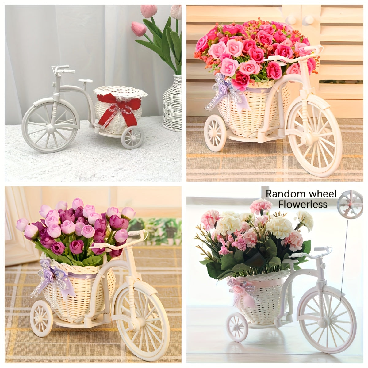 1 Elegant White Bicycle Shaped Flower Pot, Woven Basket Pink Ribbon Green Plant Decoration, Modern Plastic Durable Design, Living Room Desktop Ins Style Ornament, Home Art, Home Decoration, Indoor Plant Flower Pot, Gardening Gift,home Decor