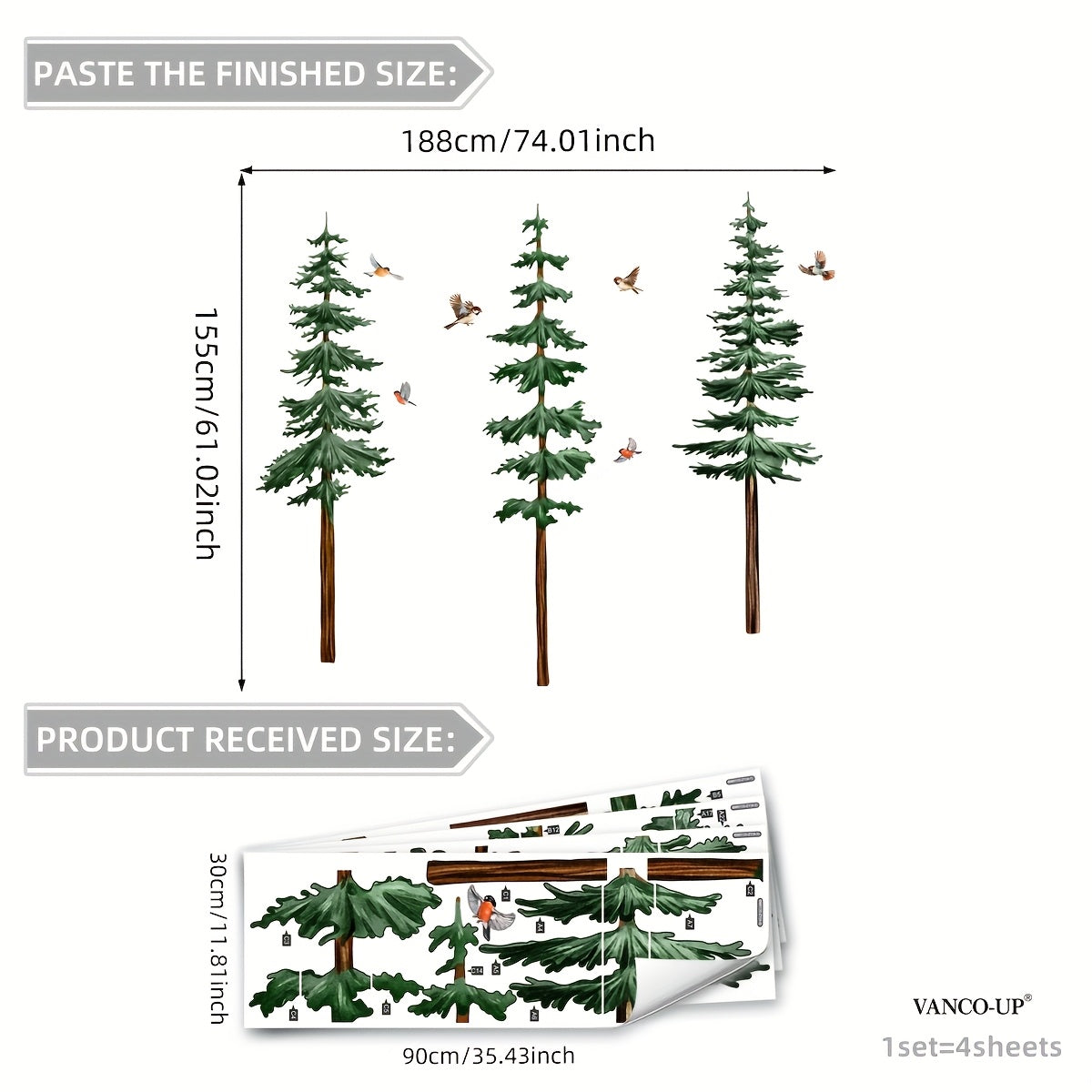 A Collection of Four Hand-Crafted Wall Decals Showcasing Pine Trees And Birds (Each Sized 11.81 X 35.43 Inches) Designed for Embellishing Living Spaces And Bedrooms, Model BM6135-ZY