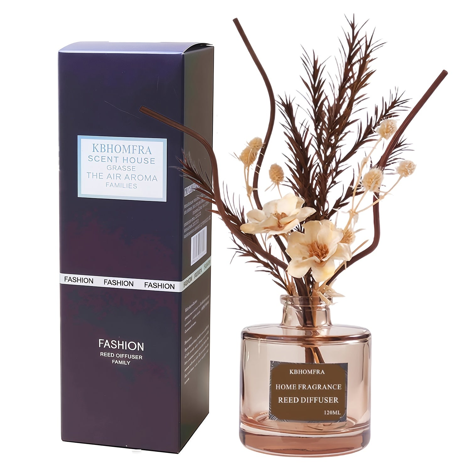 KBHOMFRA Reed Diffuser with 120ml Essential Oil & Dried Flower Sticks - Long-Lasting 90-Day Continuous Fragrance Suitable for, Suitable for, Bedroom, Bathroom, Reed Diffuser Sticks for Jasmine Cedar Sandalwood Scent