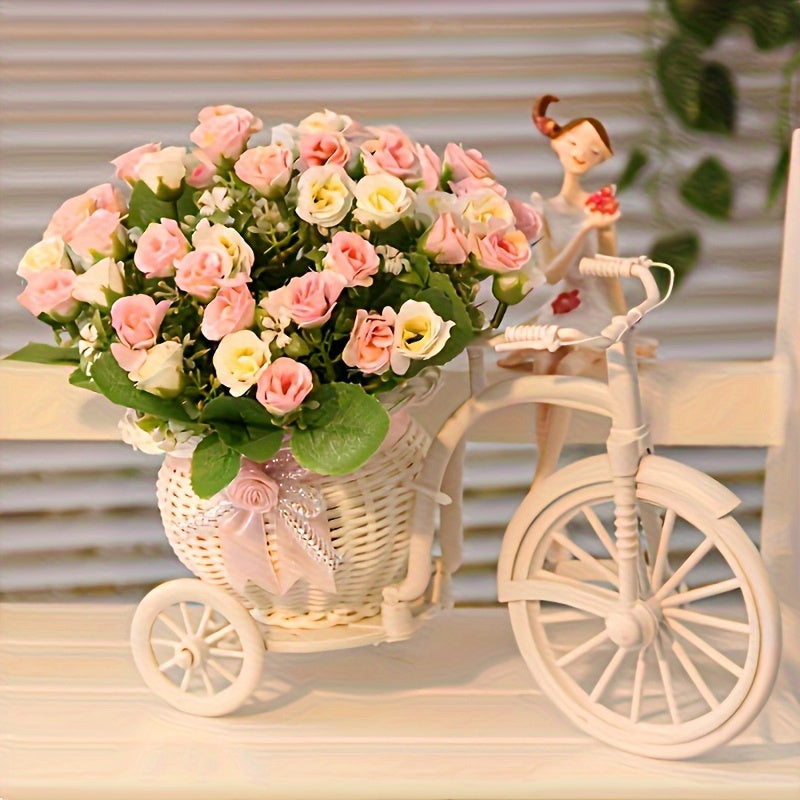 1 Elegant White Bicycle Shaped Flower Pot, Woven Basket Pink Ribbon Green Plant Decoration, Modern Plastic Durable Design, Living Room Desktop Ins Style Ornament, Home Art, Home Decoration, Indoor Plant Flower Pot, Gardening Gift,home Decor